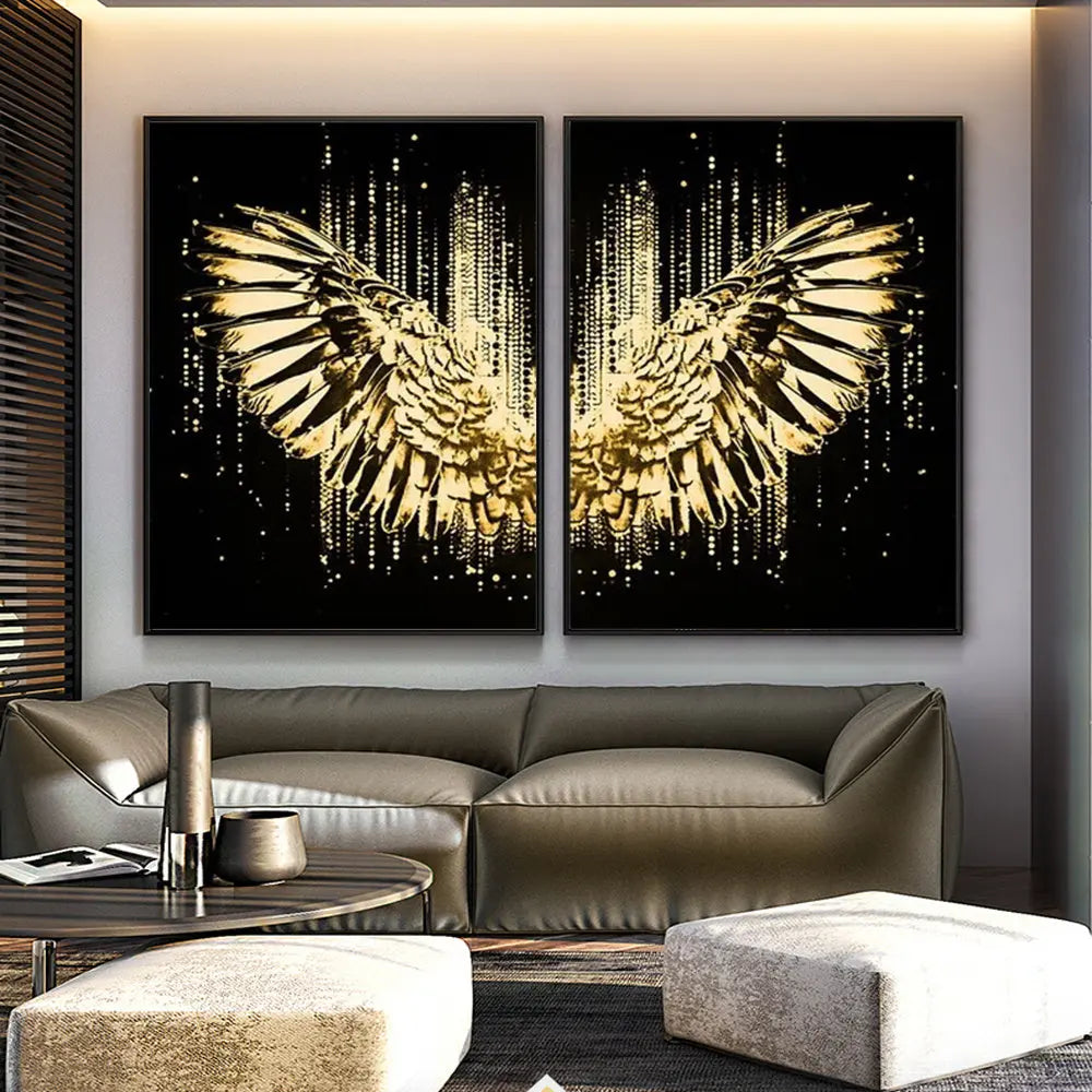 Black And Gold Angel Fine Wing Canvas Painting Wall Art Poster Sunrise-sunsetsales