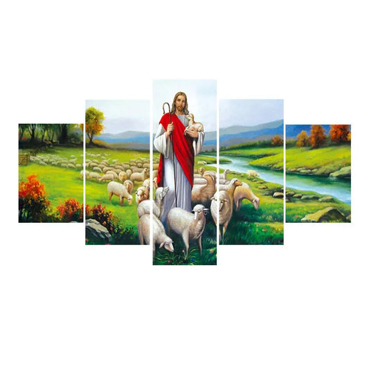 Home Decor Canvas 5 Pieces Wall Art Jesus And Sheep Sunrise-sunsetsales