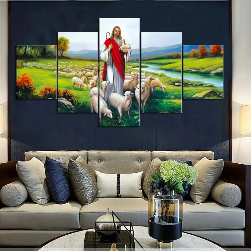 Home Decor Canvas 5 Pieces Wall Art Jesus And Sheep Sunrise-sunsetsales