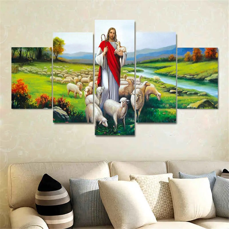 Home Decor Canvas 5 Pieces Wall Art Jesus And Sheep Sunrise-sunsetsales