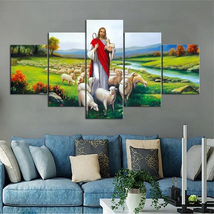 Home Decor Canvas 5 Pieces Wall Art Jesus And Sheep Sunrise-sunsetsales