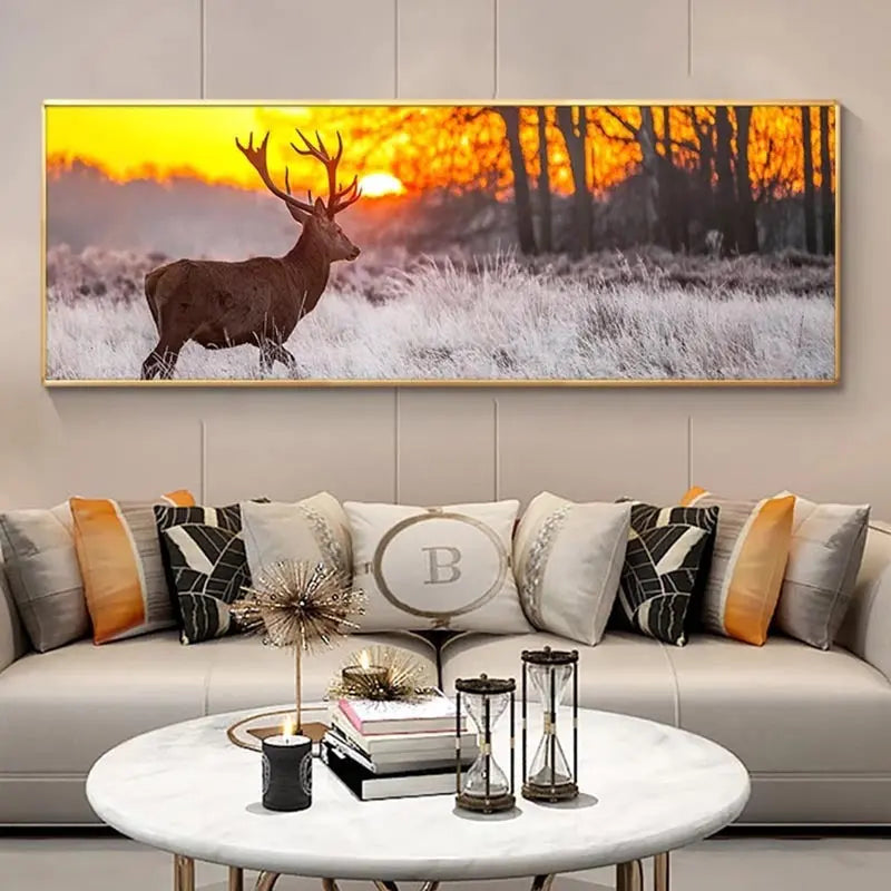 Sunset Landscape Wall Art Poster And Print Deer In Forest Canvas Painting Sunrise-sunsetsales