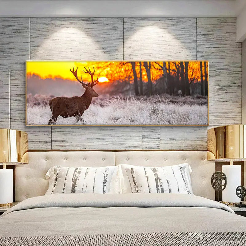 Sunset Landscape Wall Art Poster And Print Deer In Forest Canvas Painting Sunrise-sunsetsales