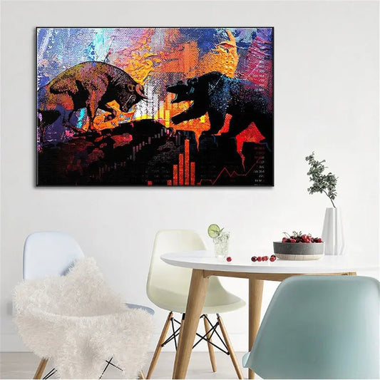 Bull And Bear Oil Color Wall Art Poster Canvas Painting Sunrise-sunsetsales