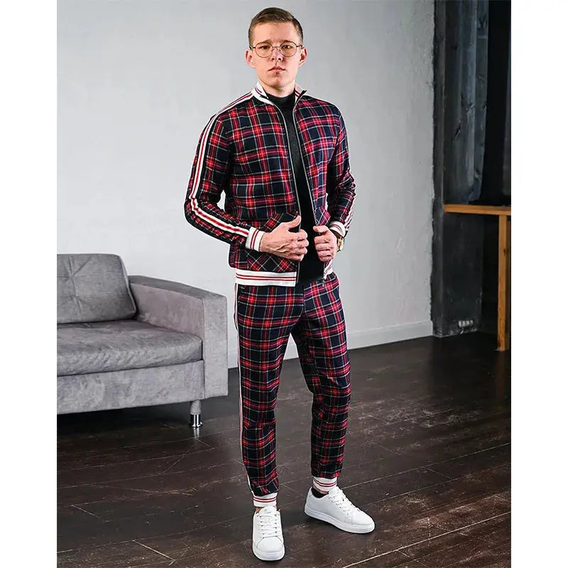 Mens Tracksuits Colorful Plaid Casual Zipper Hoodie Set 3D Print Set New Autumn Male Sweatshirt Clothes For Men Sunrise-sunsetsales