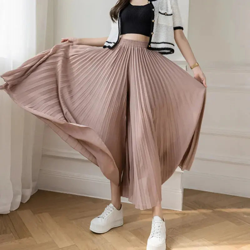 Women Elegant Chiffon High Waist Wide Leg Pants Casual Korean Fashion Pleated Loose Trousers Clothes Comodi Pantalones De Mujer Sunrise-sunsetsales