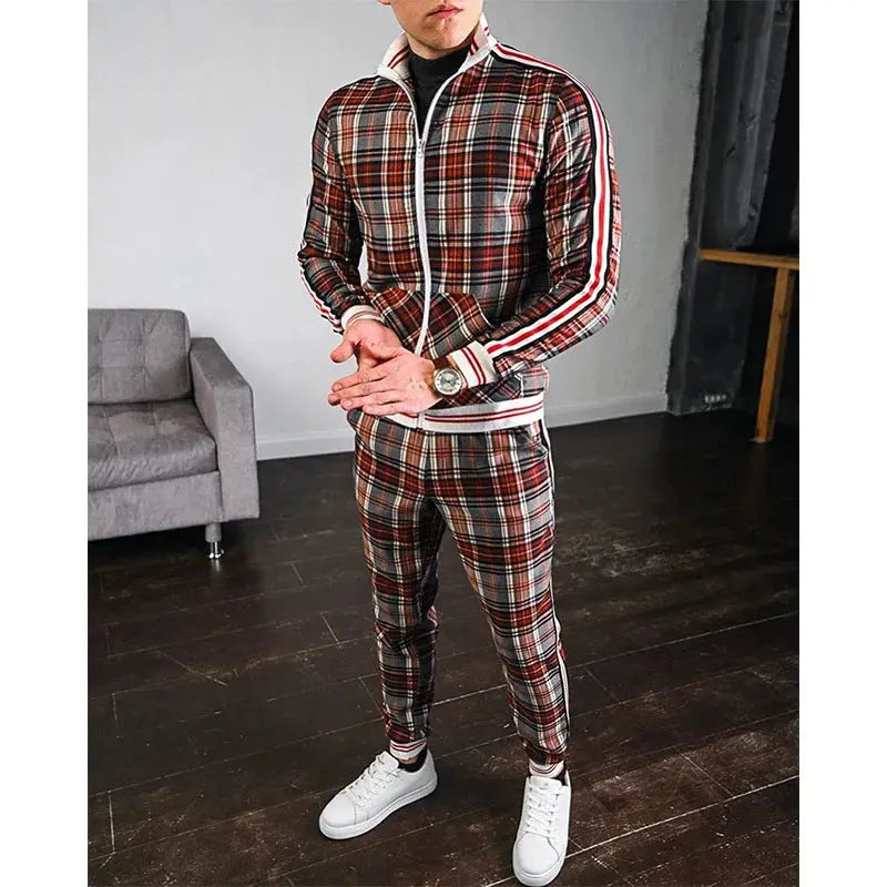 Mens Tracksuits Colorful Plaid Casual Zipper Hoodie Set 3D Print Set New Autumn Male Sweatshirt Clothes For Men Sunrise-sunsetsales