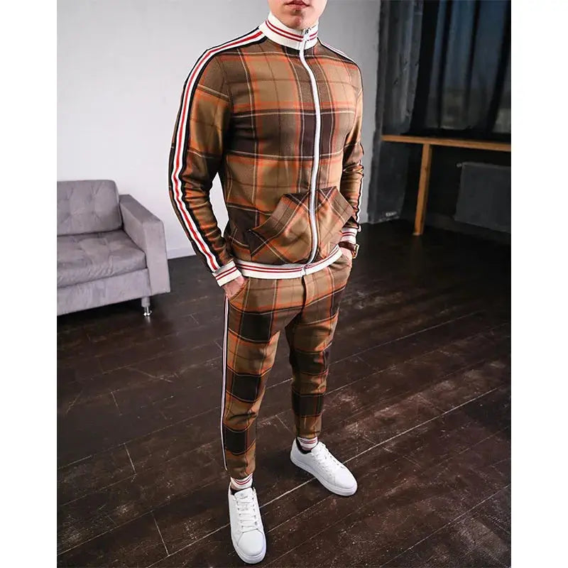 Mens Tracksuits Colorful Plaid Casual Zipper Hoodie Set 3D Print Set New Autumn Male Sweatshirt Clothes For Men Sunrise-sunsetsales