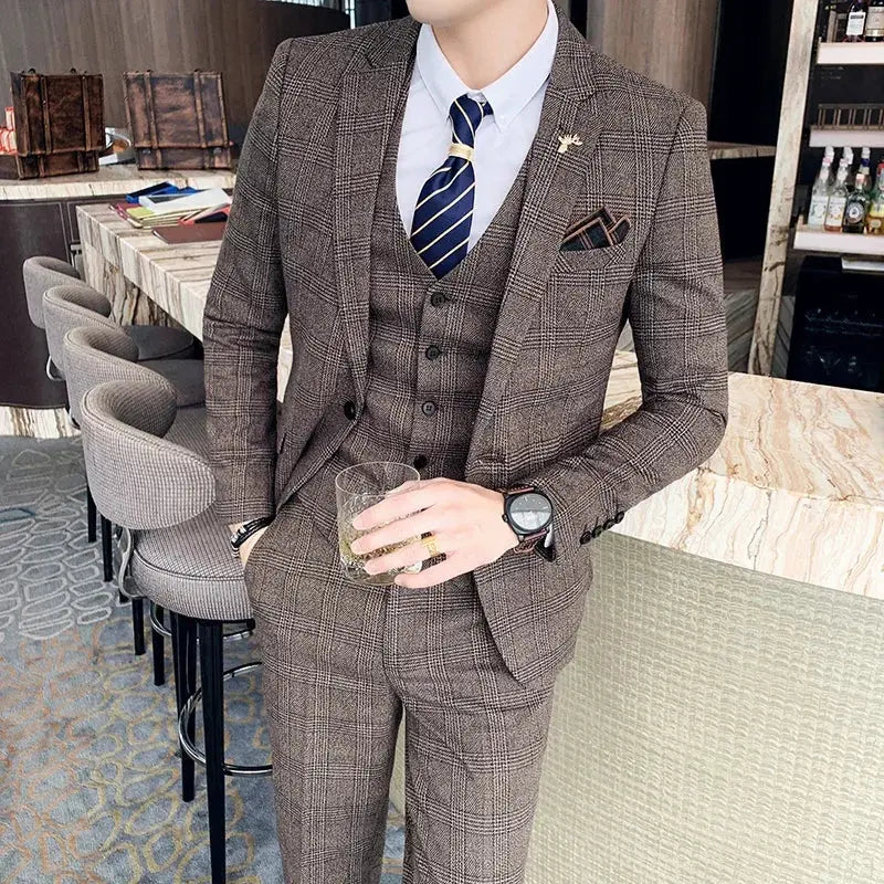 S-7XL (Jacket+Vest+Pants) Fashion Boutique Lattice Formal Business Mens Suit 3Pcs Set Groom Wedding Dress Plaid Suit Show Stage Sunrise-sunsetsales