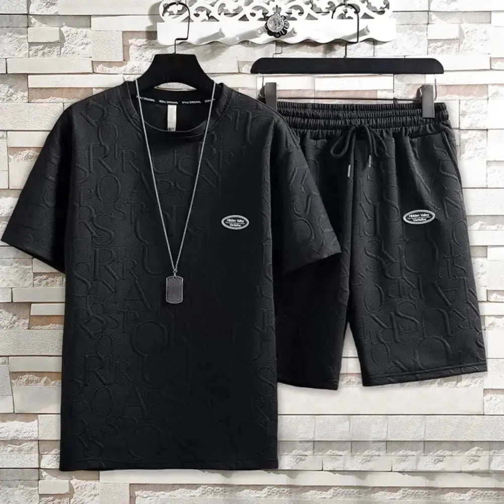 Stylish Comfortable Deep Crotch Casual Summer Tracksuit Letter Applique Two Pieces Set Men Top Shorts Set Men Clothes Sunrise-sunsetsales