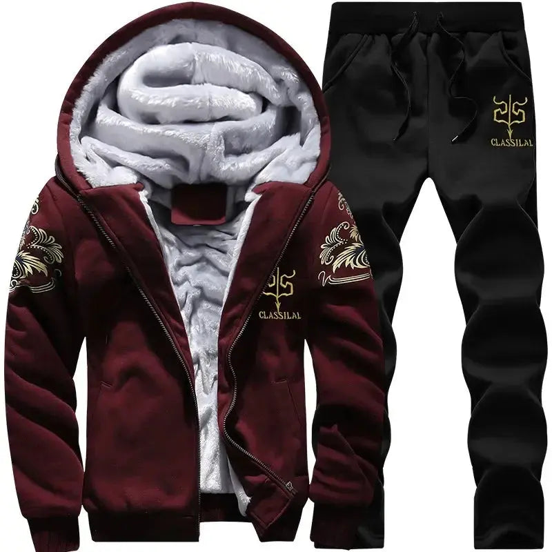 2023 New Winter Thick Men Sports Suit Tracksuit Hooded Sportswear Zipper Cardigan Hooded Woolen Trousers Pants Casual Men Set Sunrise-sunsetsales