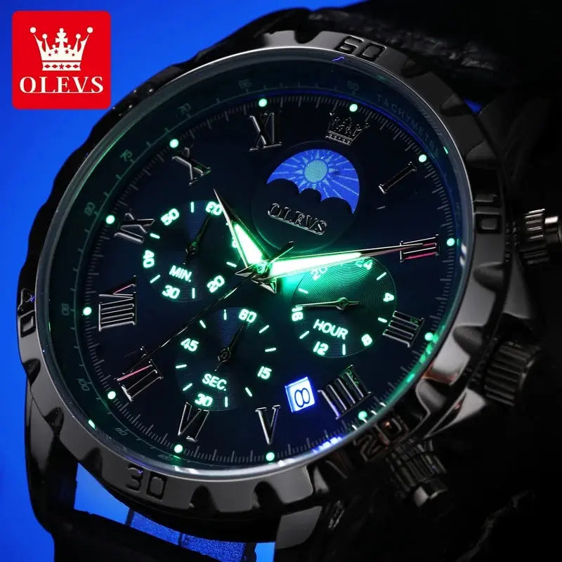 OLEVS Moon Phase Watch for Men Multifunctional Three Small Dials Waterproof Luminous High-Quality Leather Strap Men's Watches Sunrise-sunsetsales