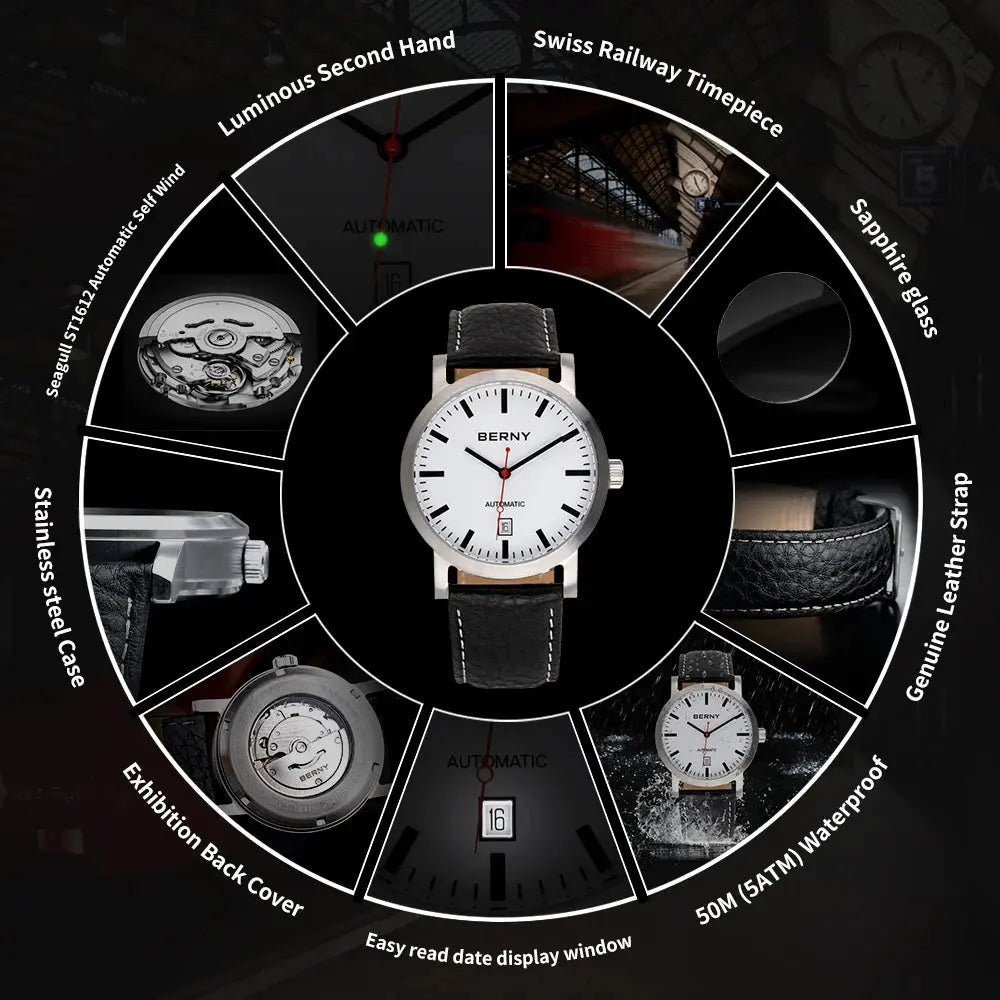 BERNY Watch for Men Mechanical Automatic Watches Seagull Luxury Brand Male Clock Water Resistant Swiss Railway Men's Wristwatch Sunrise-sunsetsales