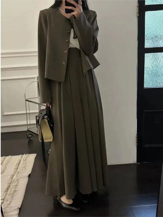 Autumn New Women Casual Formal Blazer and Long Skirts Suit Vintage Business Suit Jackets Midi Saya Two Pieces Female Outfits Sunrise-sunsetsales