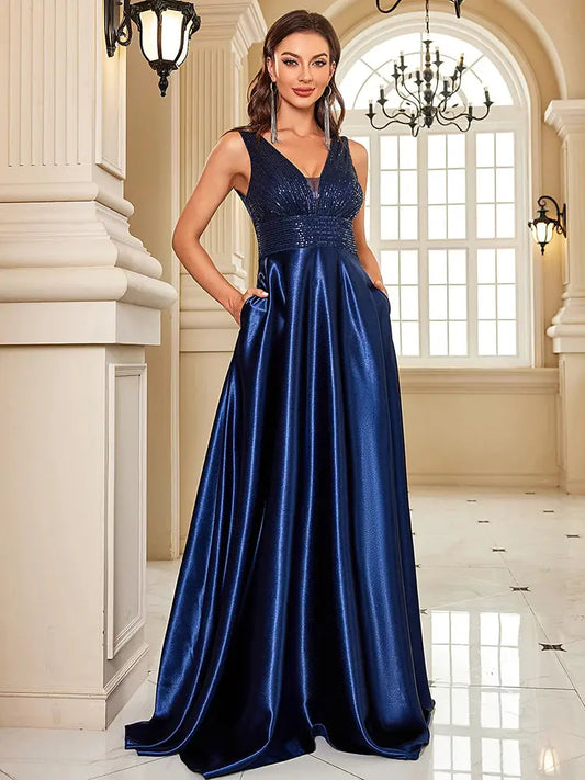 Lucyinlove Elegant Sequins Evening Dress For Women 2024 Deep V-neck Satin Prom Party Green Dress Floor Length Blue Formal Gowns Sunrise-sunsetsales