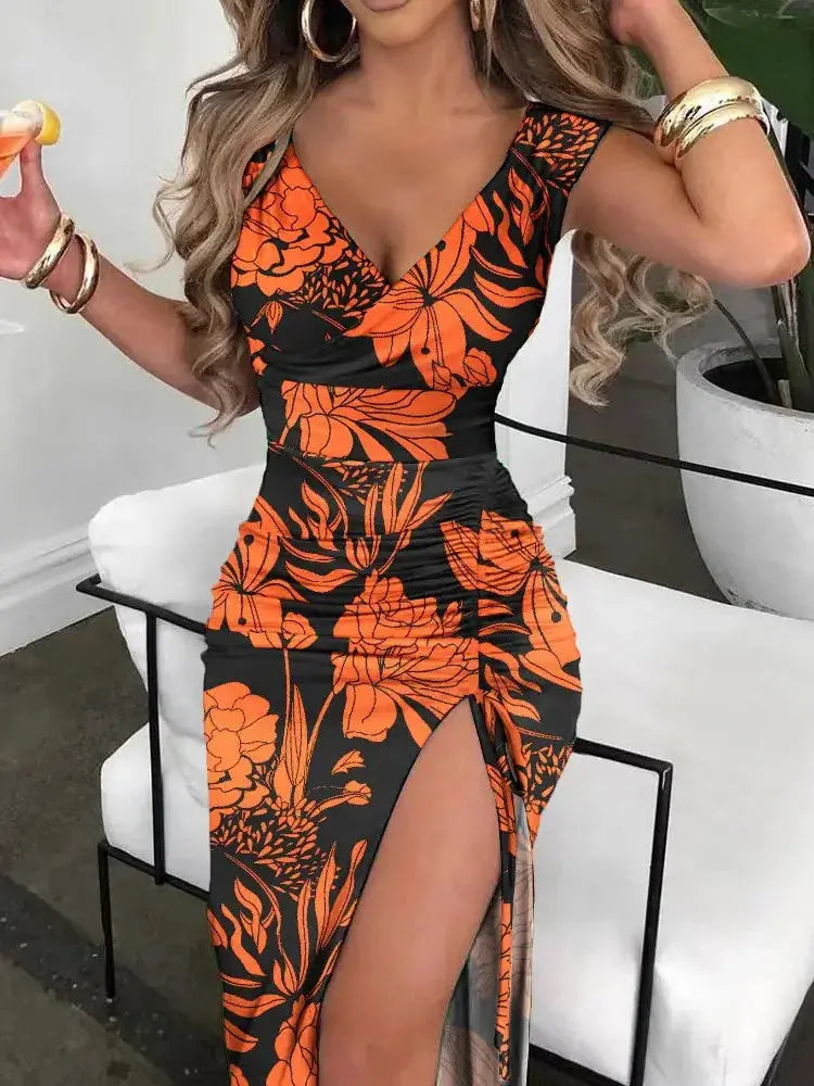 Women Elegant Spring High Split Party Dress 2022 Office Lady V Neck Slim Mid Dress Femme Sleeveless Summer Casual Dress Vestidos Sunrise-sunsetsales