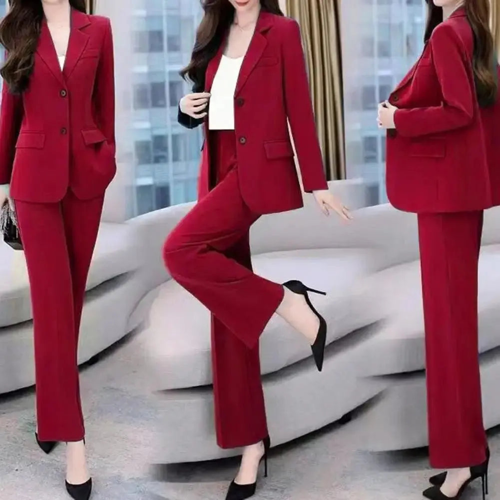 Womens Suits Fashion Single Buttons Business Blazer Solid Casual Coat Trousers 2 Pcs Set Office Ladies Wear Wide-Leg Pants Sunrise-sunsetsales