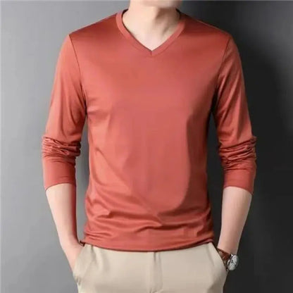 Fashion Versatile Men Modal Cotton Basic T-shirt Spring Autumn Long Sleeve V-neck Male Clothes Thin Bottoming Solid Casual Tops Sunrise-sunsetsales