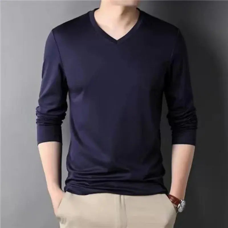 Fashion Versatile Men Modal Cotton Basic T-shirt Spring Autumn Long Sleeve V-neck Male Clothes Thin Bottoming Solid Casual Tops Sunrise-sunsetsales