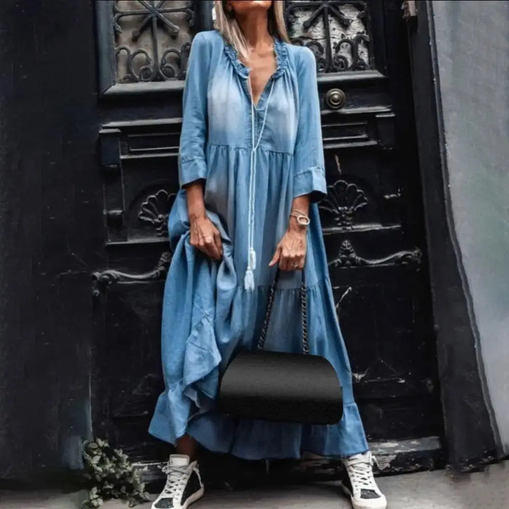 Loose 3/4 Sleeve Women Tassel Dress Vintage Lace V Neck Large Hem Maxi Denim Dress Sunrise-sunsetsales