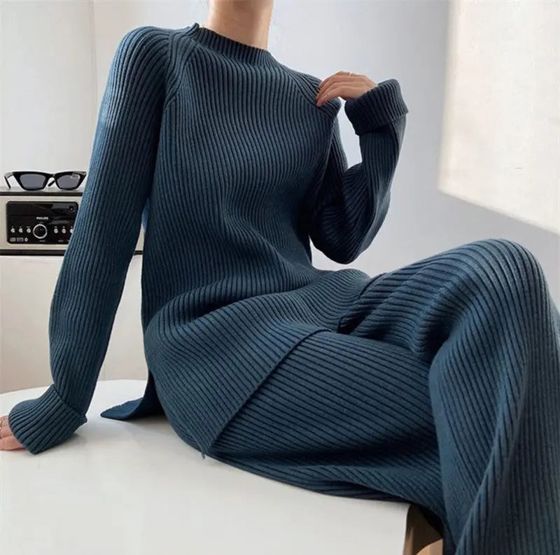 CJFHJE New Knitted Sweater Suit Women Elegant Solid O-Neck Pullovers Wide Leg Pants Suit Lady Winter Soft 2 Piece Set Homewear Sunrise-sunsetsales