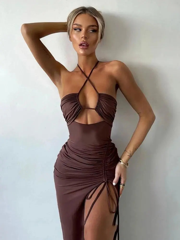 Cryptographic Hot Summer Sexy Halter Backless Sleeveless Cut Out Maxi Dress for Women Elegant Club Party Slit Dresses Vestido Sunrise-sunsetsales