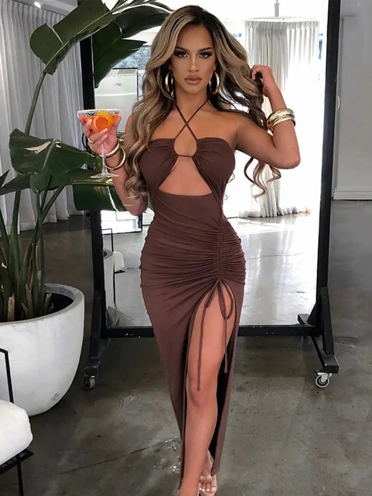 Cryptographic Hot Summer Sexy Halter Backless Sleeveless Cut Out Maxi Dress for Women Elegant Club Party Slit Dresses Vestido Sunrise-sunsetsales