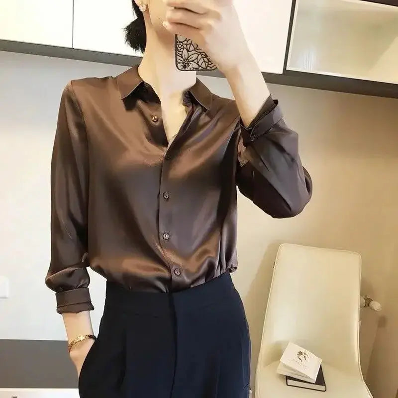 Silk Brown Clothes Wear To Work Office Outfits Long Sleeve Purple Spring Formal Tops for Women Satin Womens Shirt & Blouse Cool Sunrise-sunsetsales