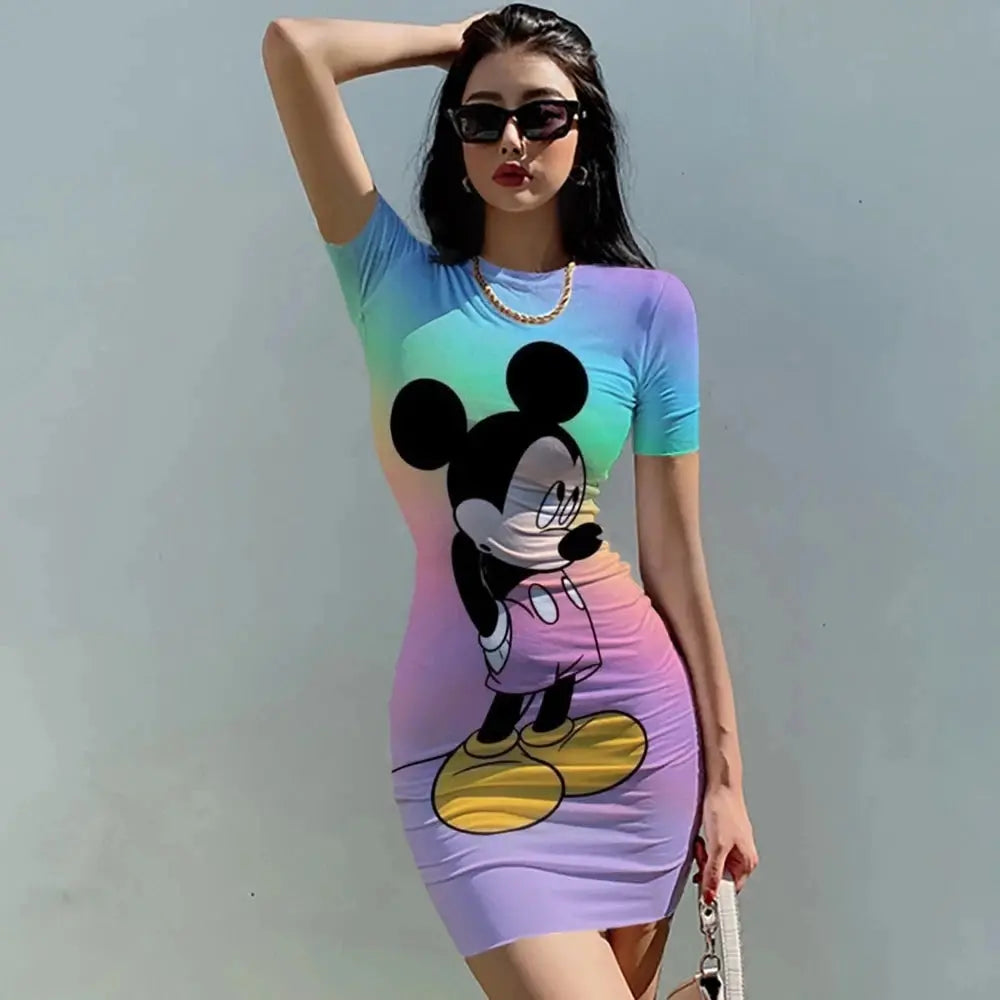 Disney Minnie Mickey Mouse bow print Elegant Pencil Dress Womens Simple Sheath Office Dresses Summer Short sleeve Casual Vestido Sunrise-sunsetsales