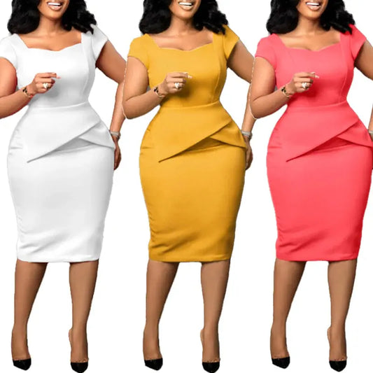 Women Dress 2023 for Church Elegant Ladies Summer Office Wear Casual Dress Bodycon Knee Length Solid Color Peplum Pencil Dress Sunrise-sunsetsales