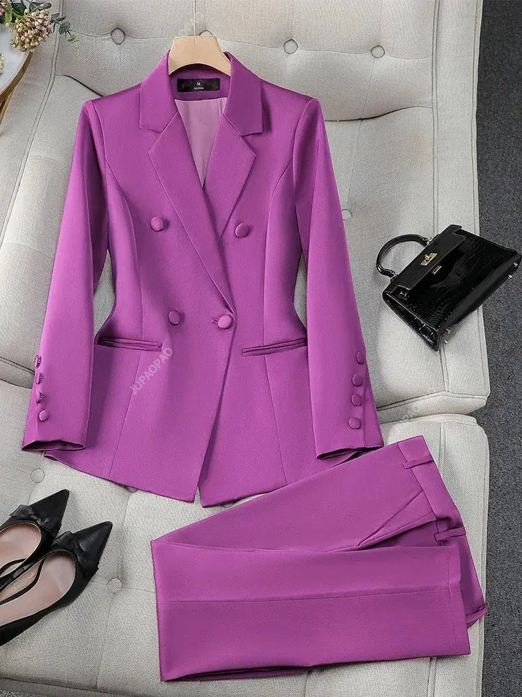 Fashion Office Ladies Formal Pant Suit Set Women Blue Pink Yellow Female Business Work Wear 2 Piece Blazer Jacket And Trouser Sunrise-sunsetsales