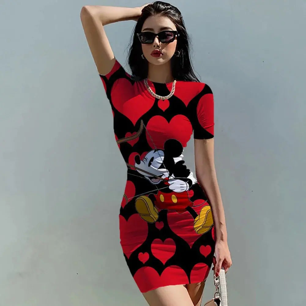 Disney Minnie Mickey Mouse bow print Elegant Pencil Dress Womens Simple Sheath Office Dresses Summer Short sleeve Casual Vestido Sunrise-sunsetsales