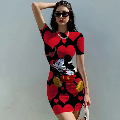 Disney Minnie Mickey Mouse bow print Elegant Pencil Dress Womens Simple Sheath Office Dresses Summer Short sleeve Casual Vestido Sunrise-sunsetsales