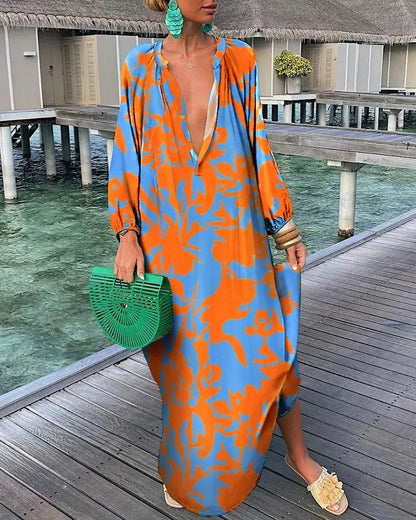 Elegant Women's Dresses 2023 Summer Casual Fashion Print V-Neck Loose Retro Comfortable Maxi Dress Female Robe S-XXXL Sunrise-sunsetsales