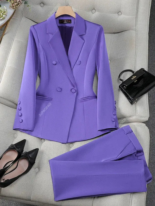 Fashion Office Ladies Formal Pant Suit Set Women Blue Pink Yellow Female Business Work Wear 2 Piece Blazer Jacket And Trouser Sunrise-sunsetsales