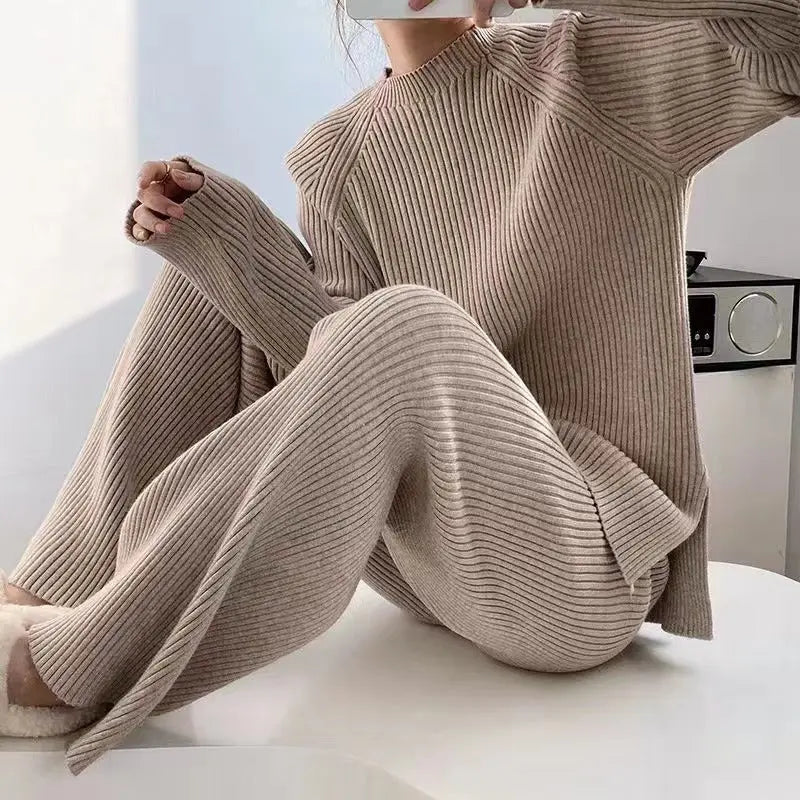 CJFHJE New Knitted Sweater Suit Women Elegant Solid O-Neck Pullovers Wide Leg Pants Suit Lady Winter Soft 2 Piece Set Homewear Sunrise-sunsetsales