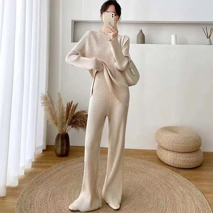 CJFHJE New Knitted Sweater Suit Women Elegant Solid O-Neck Pullovers Wide Leg Pants Suit Lady Winter Soft 2 Piece Set Homewear Sunrise-sunsetsales