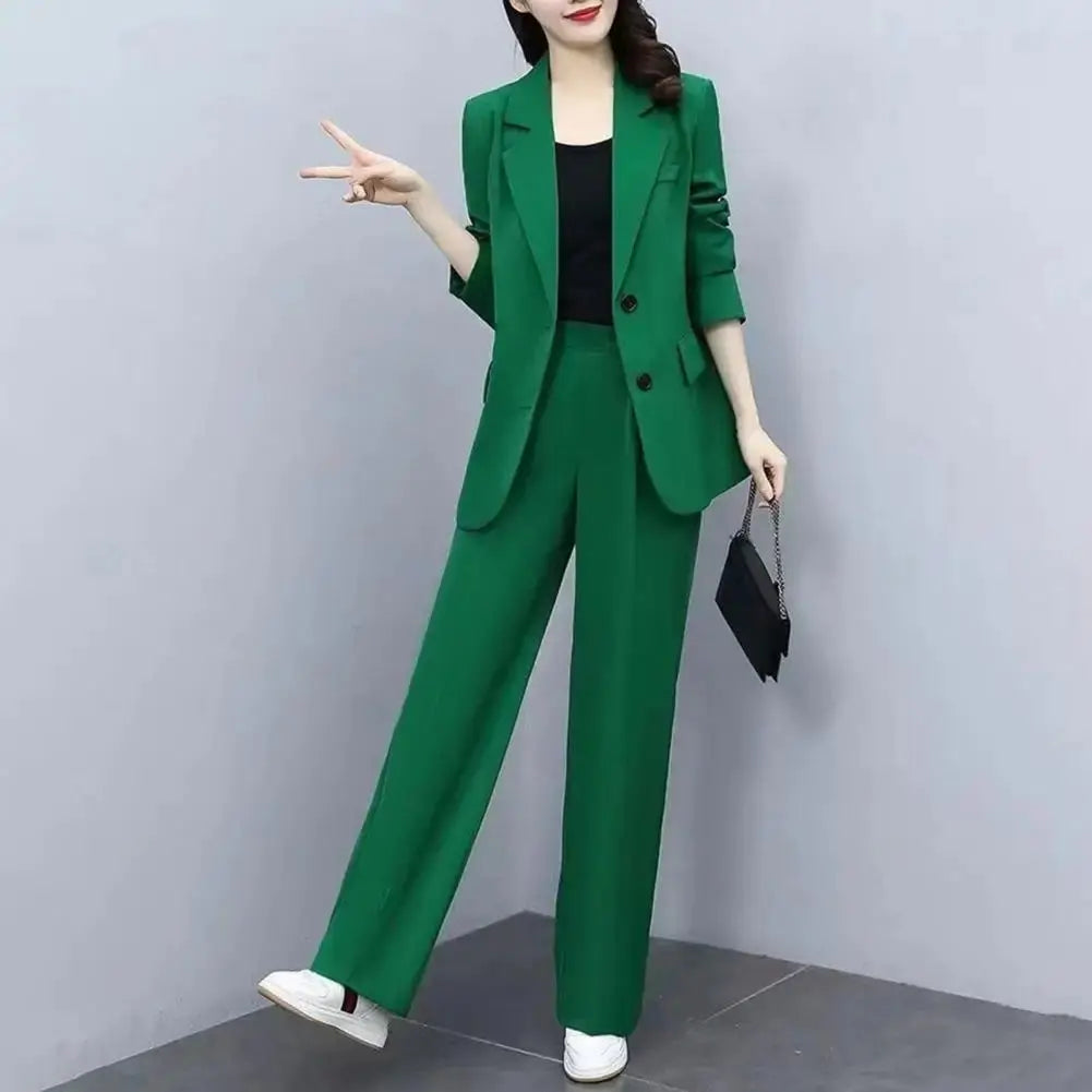 Womens Suits Fashion Single Buttons Business Blazer Solid Casual Coat Trousers 2 Pcs Set Office Ladies Wear Wide-Leg Pants Sunrise-sunsetsales