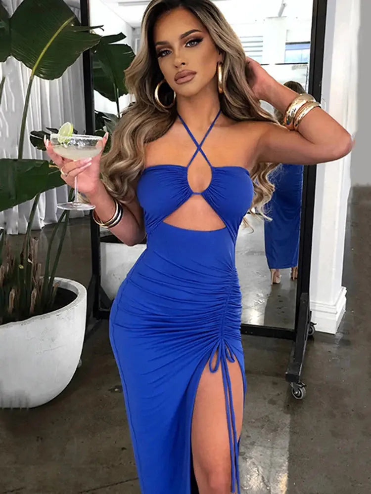 Cryptographic Hot Summer Sexy Halter Backless Sleeveless Cut Out Maxi Dress for Women Elegant Club Party Slit Dresses Vestido Sunrise-sunsetsales