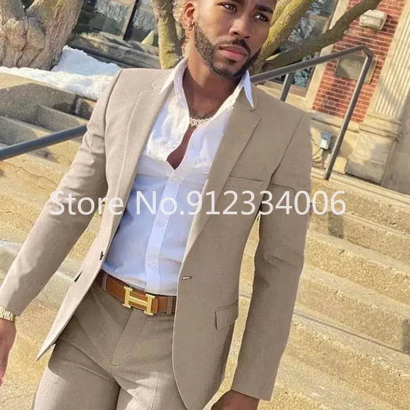 2 Pieces Beige Suit for Men Slim Fit Wedding Groom Tuxedo Groomsmen Suits Male Fashion Smoking Costume Homme Blazer with Pants Sunrise-sunsetsales