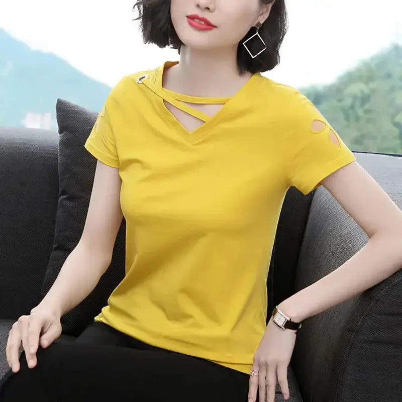 Women's Short-Sleeved T-shirt Hollow out V-neck Black Shirt Summer Loose Top Wear Woman Tshirts Tops Mujer Camisetas Sunrise-sunsetsales