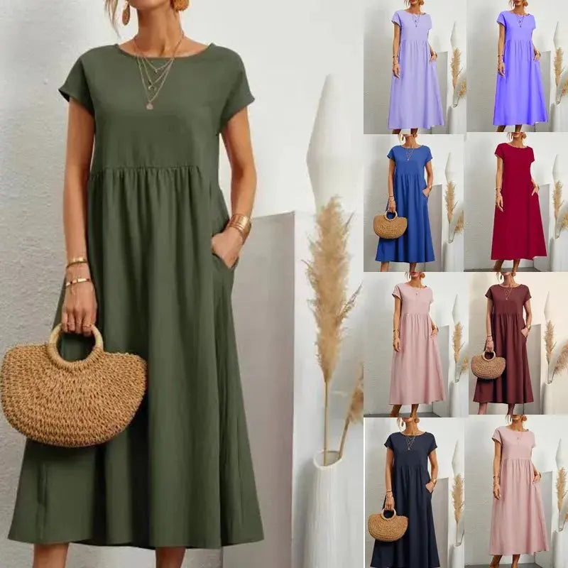 Women Vintage Solid Dress 2023 Summer Elegant O Neck Short Sleeve Cotton Linen Dresses Female Casual Loose Sundress Long Dress Sunrise-sunsetsales