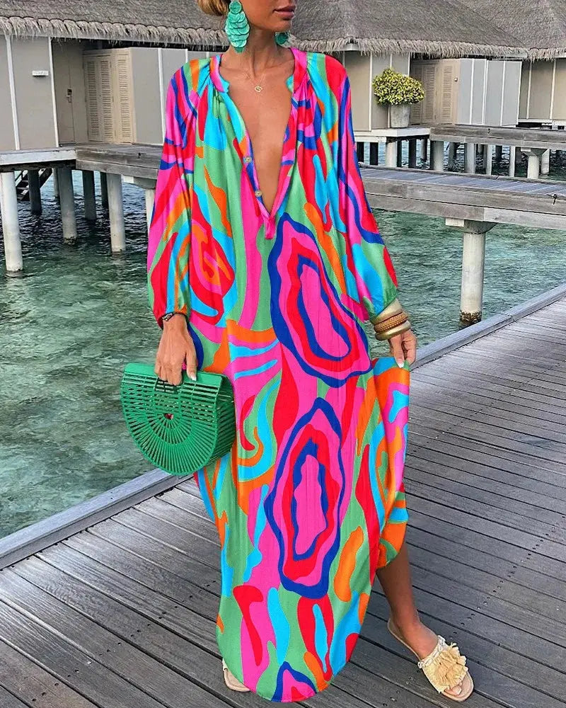 Elegant Women's Dresses 2023 Summer Casual Fashion Print V-Neck Loose Retro Comfortable Maxi Dress Female Robe S-XXXL Sunrise-sunsetsales