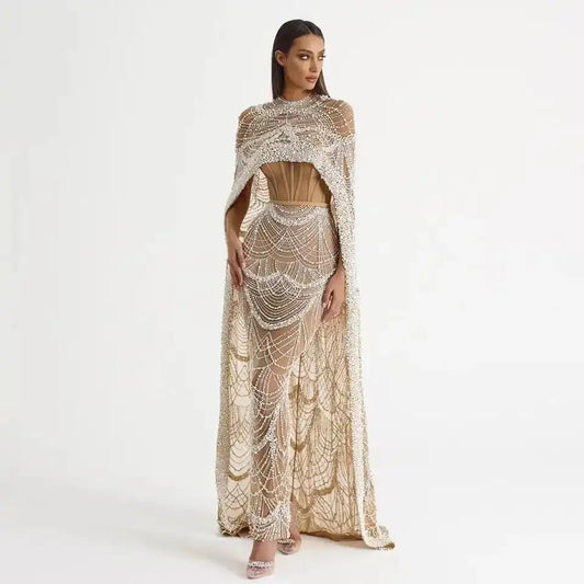 Luxury Pearls Dubai Champagne Evening Dresses with Cape 2023 New Arabic Women Mermaid Wedding Party Prom Dress Sunrise-sunsetsales