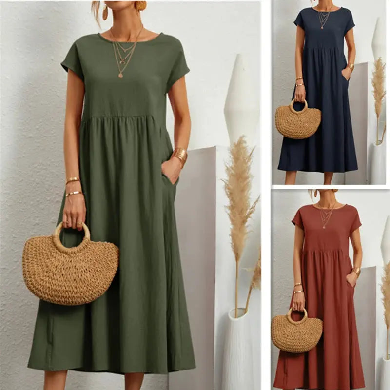 Women Vintage Solid Dress 2023 Summer Elegant O Neck Short Sleeve Cotton Linen Dresses Female Casual Loose Sundress Long Dress Sunrise-sunsetsales