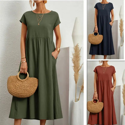 Women Vintage Solid Dress 2023 Summer Elegant O Neck Short Sleeve Cotton Linen Dresses Female Casual Loose Sundress Long Dress Sunrise-sunsetsales