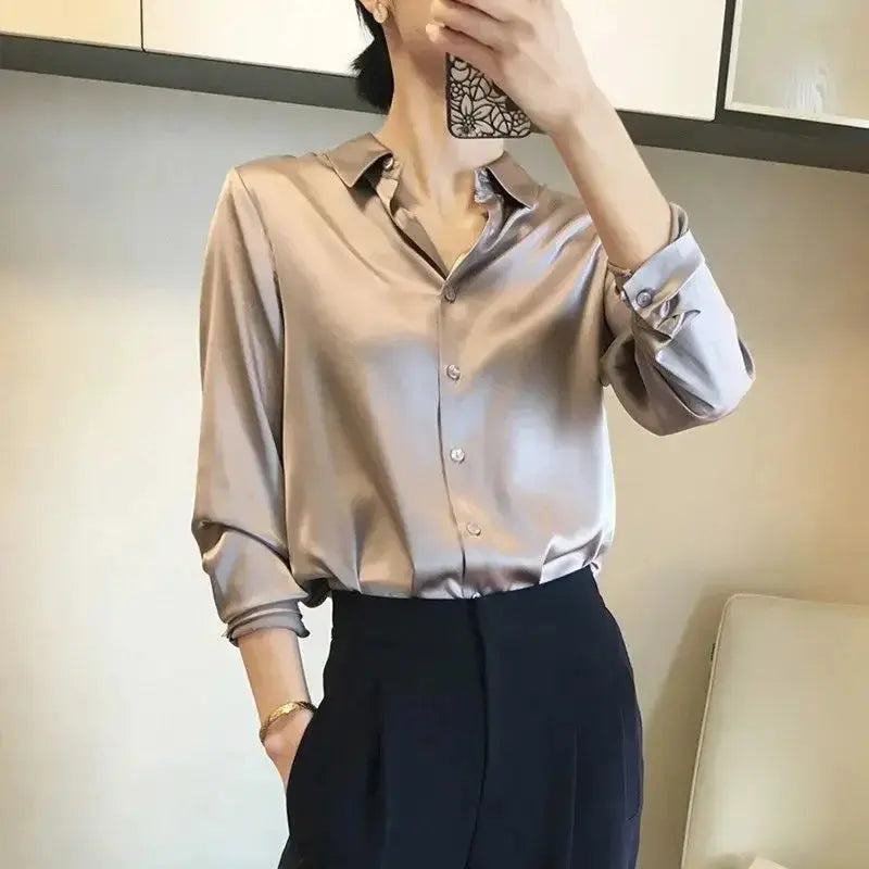 Silk Brown Clothes Wear To Work Office Outfits Long Sleeve Purple Spring Formal Tops for Women Satin Womens Shirt & Blouse Cool Sunrise-sunsetsales