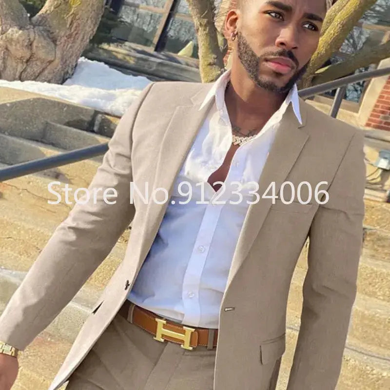 2 Pieces Beige Suit for Men Slim Fit Wedding Groom Tuxedo Groomsmen Suits Male Fashion Smoking Costume Homme Blazer with Pants Sunrise-sunsetsales