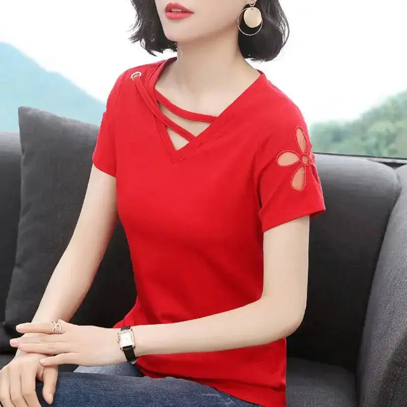 Women's Short-Sleeved T-shirt Hollow out V-neck Black Shirt Summer Loose Top Wear Woman Tshirts Tops Mujer Camisetas Sunrise-sunsetsales