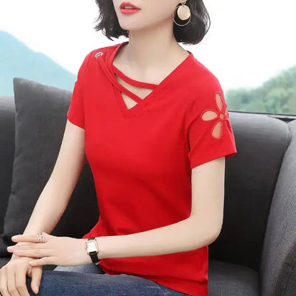 Women's Short-Sleeved T-shirt Hollow out V-neck Black Shirt Summer Loose Top Wear Woman Tshirts Tops Mujer Camisetas Sunrise-sunsetsales